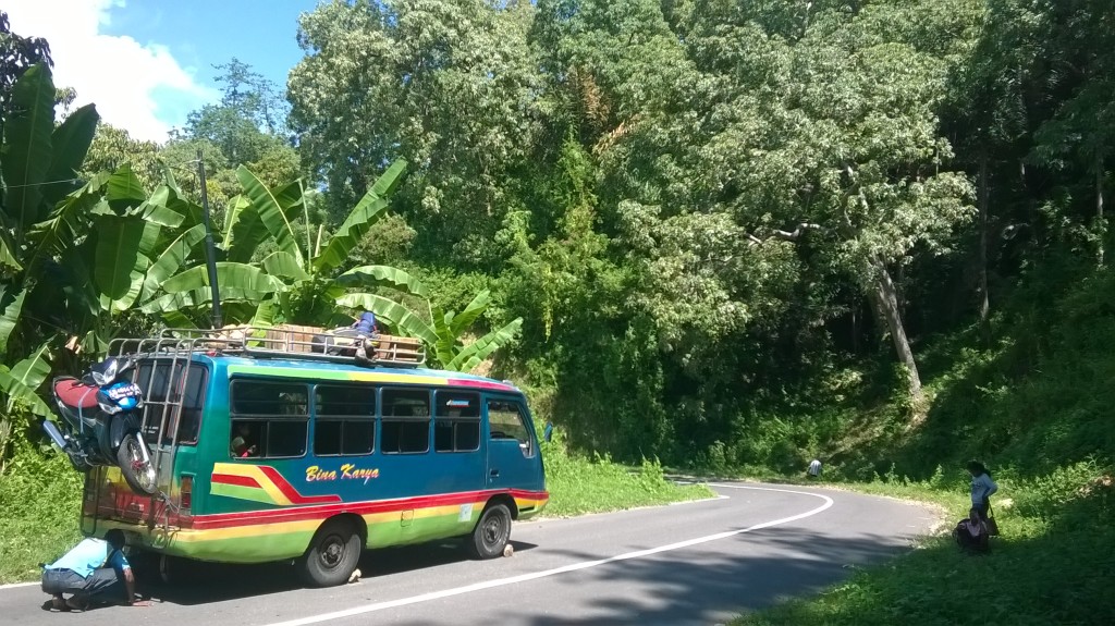 Broken busses are a common view on Flores' main highway